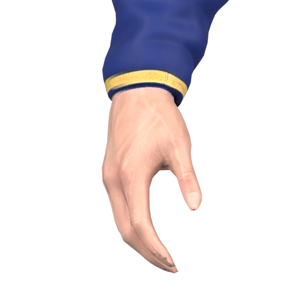 Original right hand before grip deformation, actual 600 × 600 Blender close-up showing the source geometry defects
