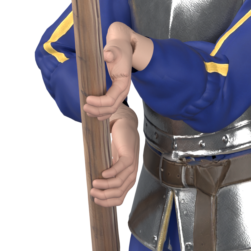 Wrists in the lowered pose, actual 800 × 800 Blender still; seams and deformation still need repair