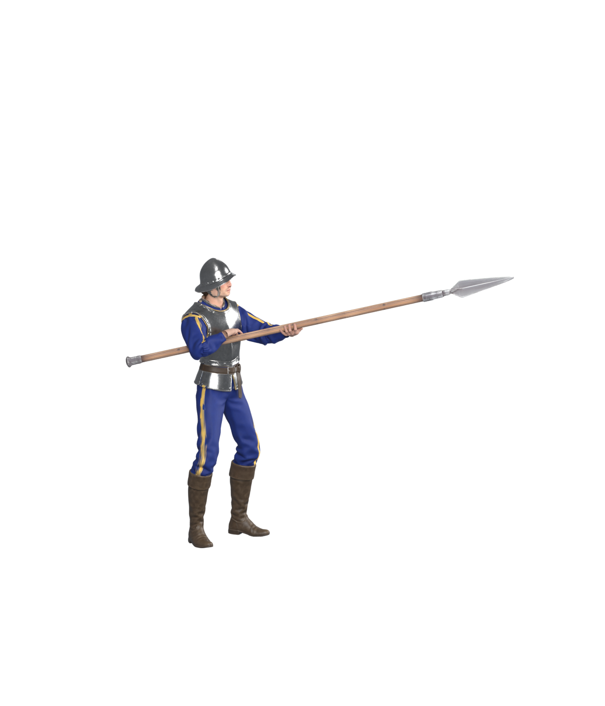 Chest-level pike guard, actual 1200 × 1400 Blender still; right-upper-arm contact remains, not installed