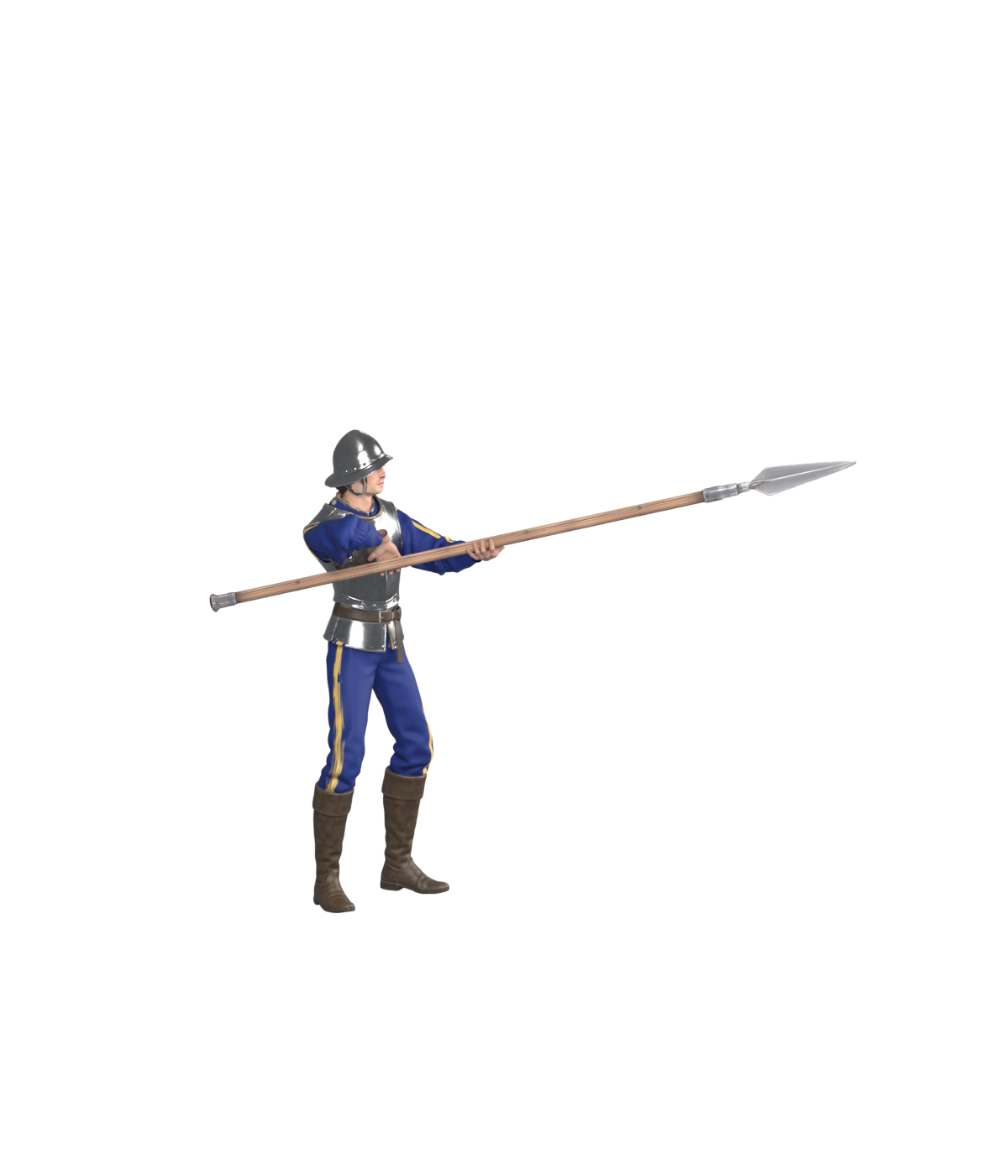 Rejected raised-elbow pose, actual Blender still; a clear local collision test does not establish pose fidelity