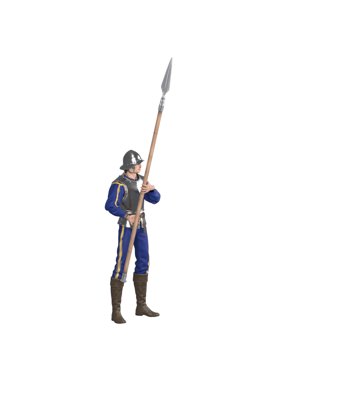 Raised-pike final selection pose, actual Blender still; its return to idle remains unfinished