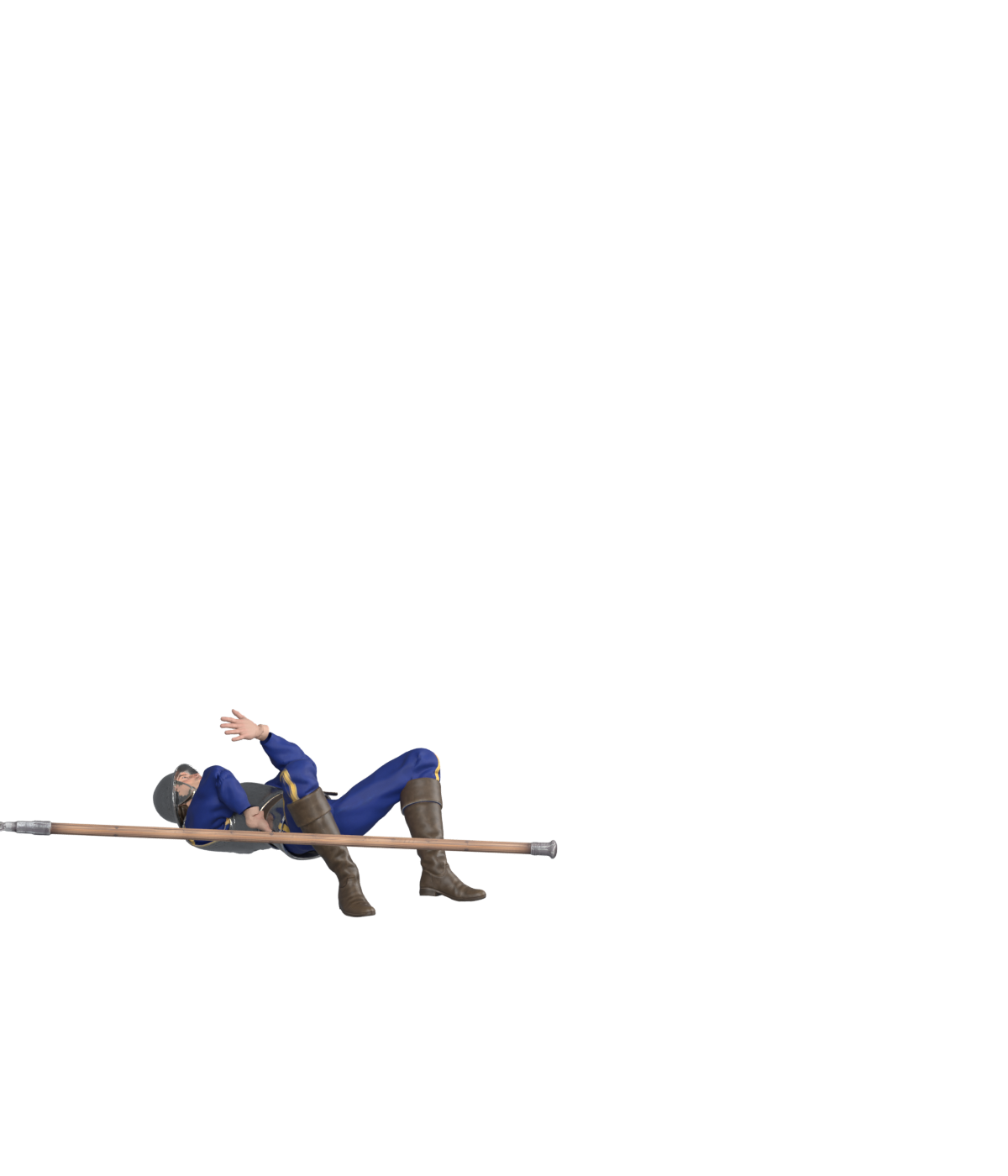Rejected first attempt: excessive horizontal weapon span and a raised hand after landing; actual Blender still