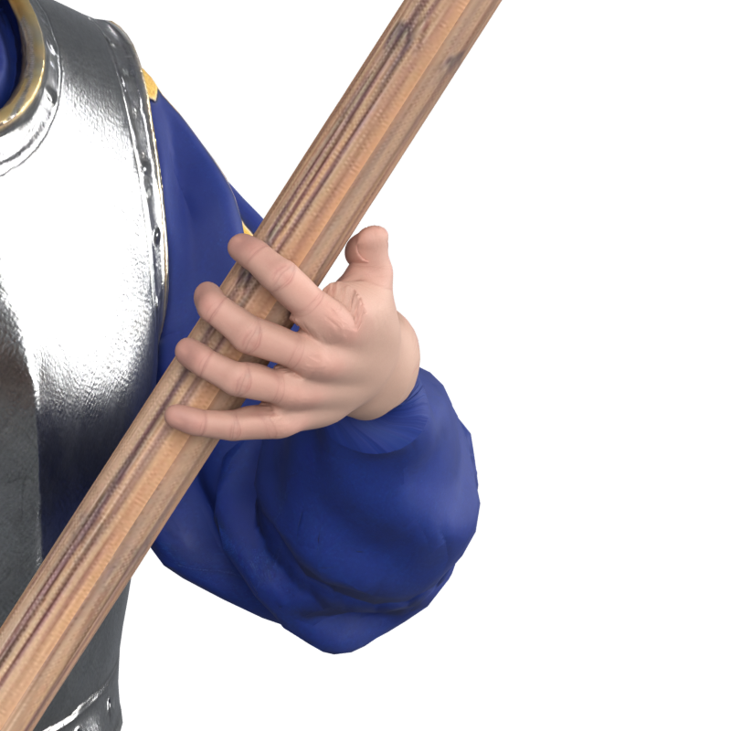 Revised finger curls in idle, actual 800 × 800 Blender still; adopted offline draft with the thumb still unfinished