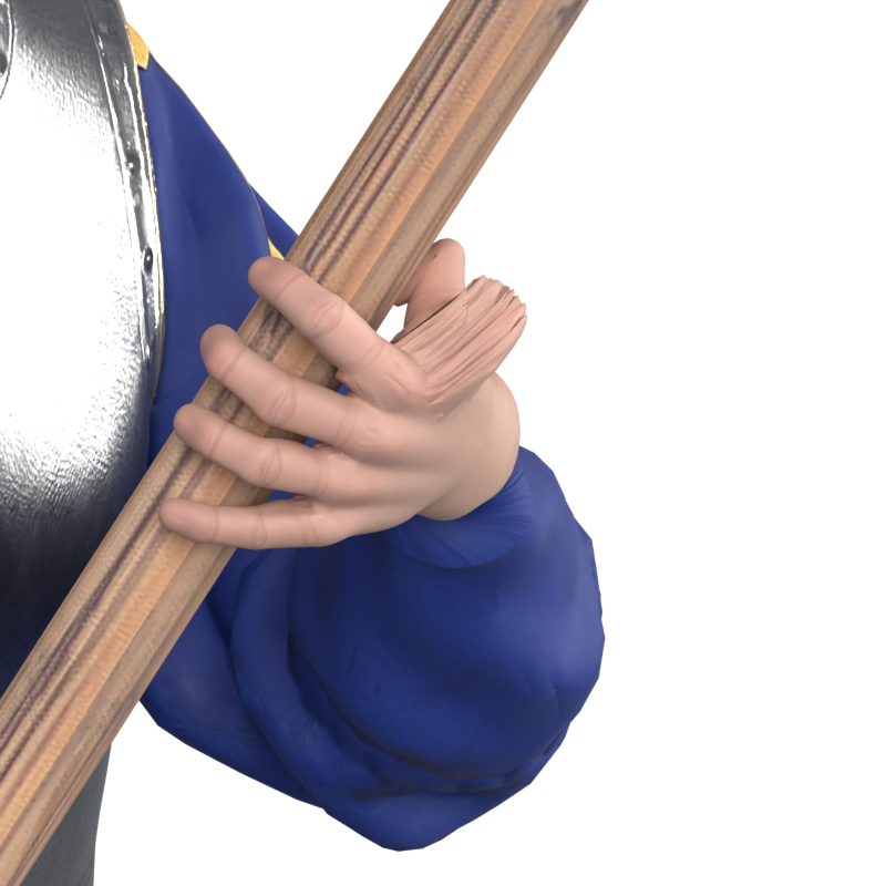 Rejected trial: tested shaft intersections are zero, but the thumb base is visibly distorted; actual 800 × 800 Blender still