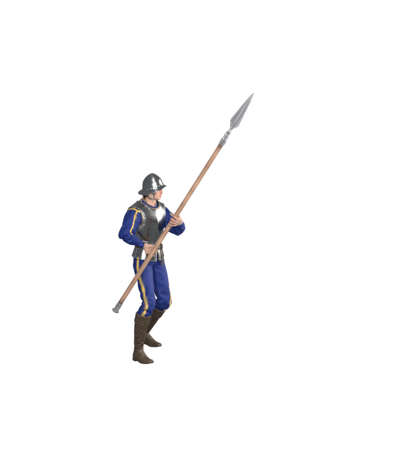 Revised Pikeman walk pose, actual Blender still from the offline working draft