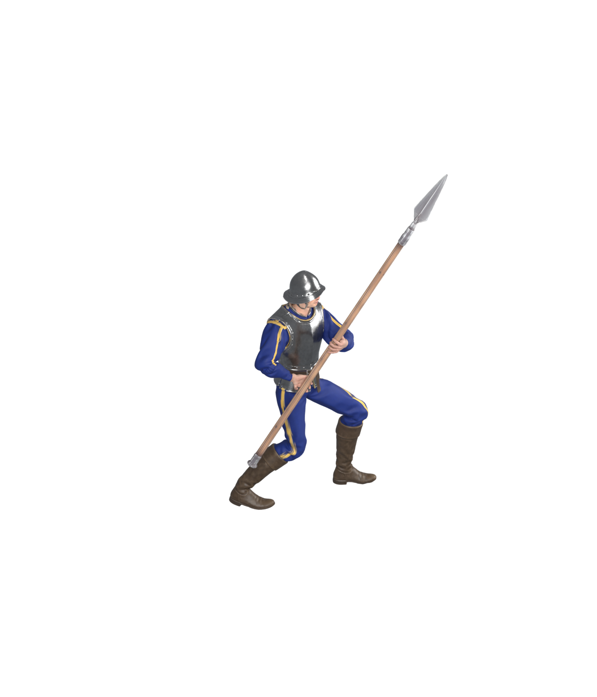 Rejected long-stride version, actual 1200 × 1400 Blender still; horizontal travel matched but the crouched posture departed from the reference
