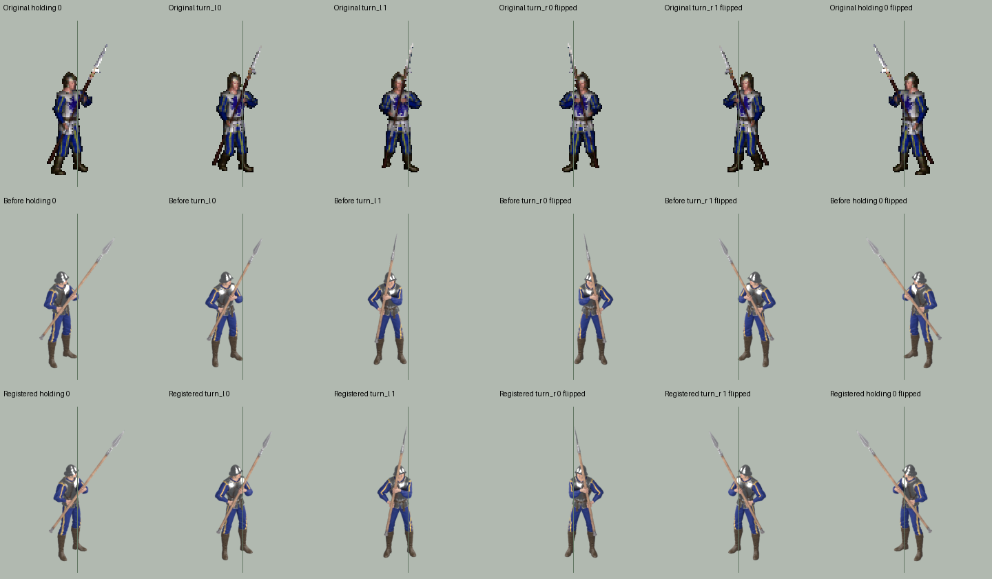 Turn sequence registration: original frames above, previous export in the middle, corrected export below; enlarged sprite crops with a fixed guide, not game captures