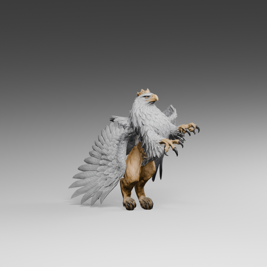 Current Royal Griffin standing candidate, actual 900 × 900 Blender render; not concept art or a game screenshot