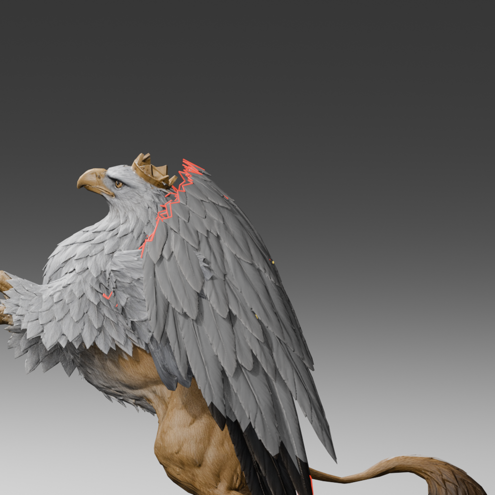 Blender diagnostic of the earlier extraction, with new cuts marked in red around the shoulder and medial feathers