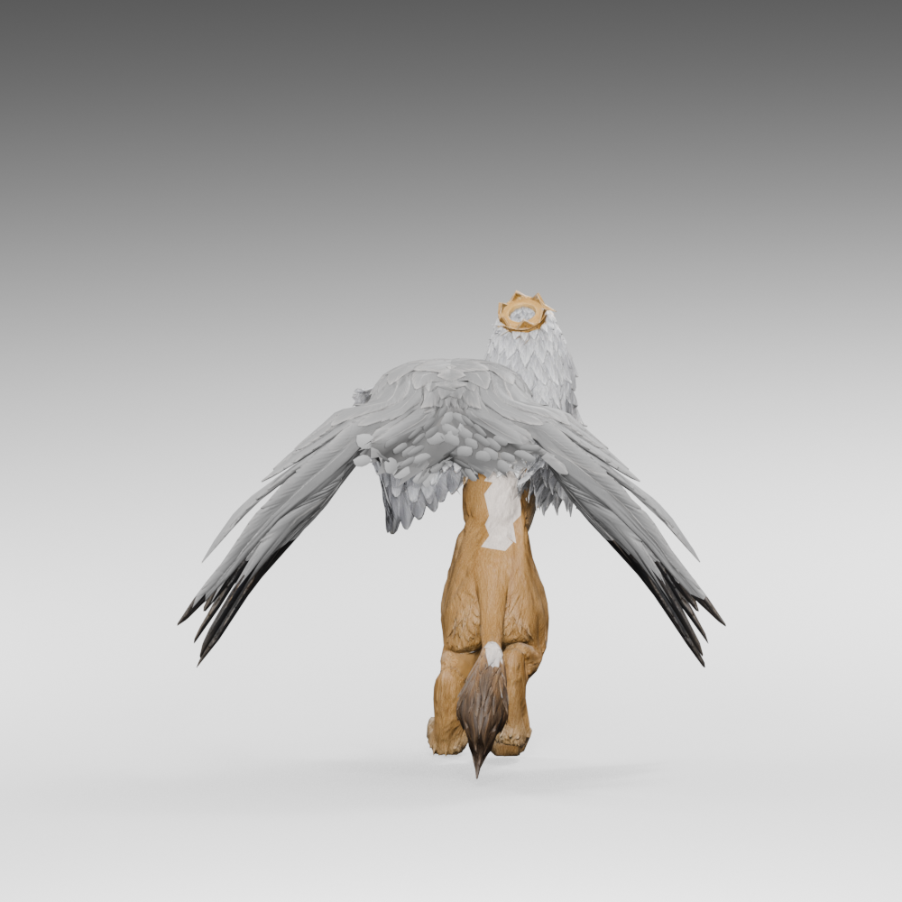 Rejected root-bound trial, actual Blender still; the viewing direction makes the feathers read as pellets