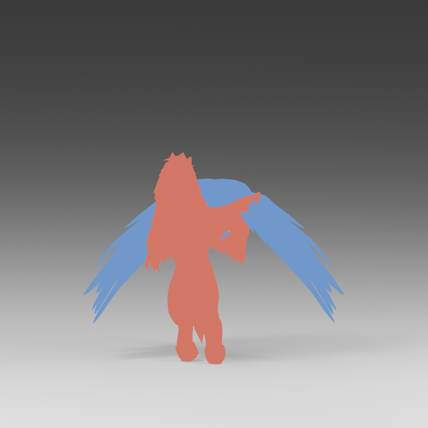 Object-color diagnostic, actual Blender still; the blue wing surface continues behind the dark region