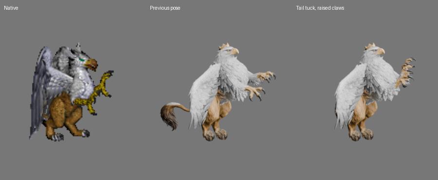 Equal-height comparison: native, previous pose and revised pose; a silhouette check, not a game screenshot