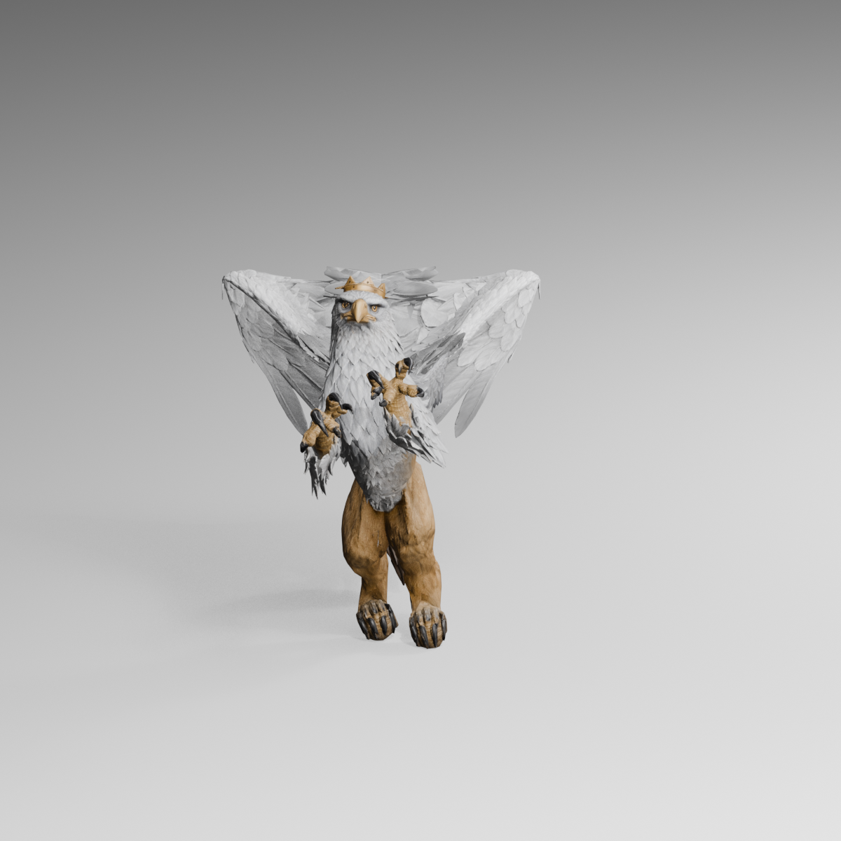 Frontal turn draft, actual 1200 × 1200 Blender still; feathers behind the head still overlap