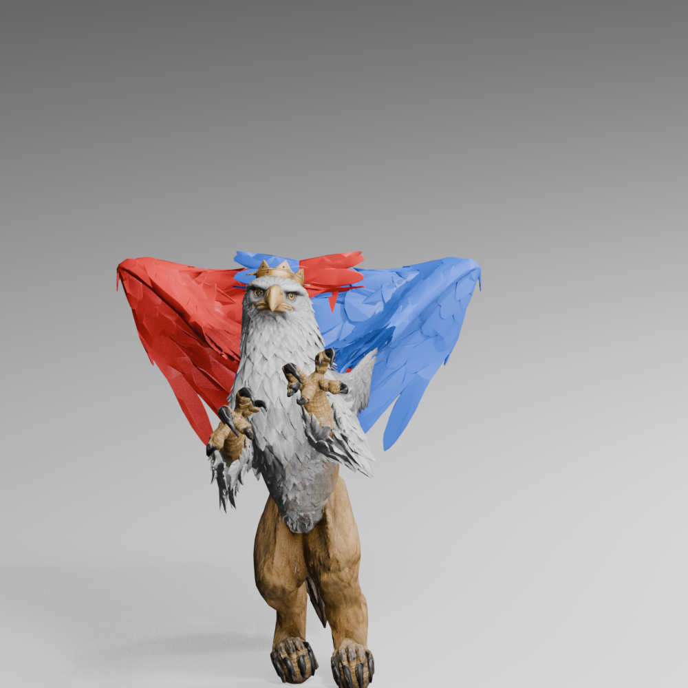 Old pose with each wing colored separately; diagnostic colors, not final materials