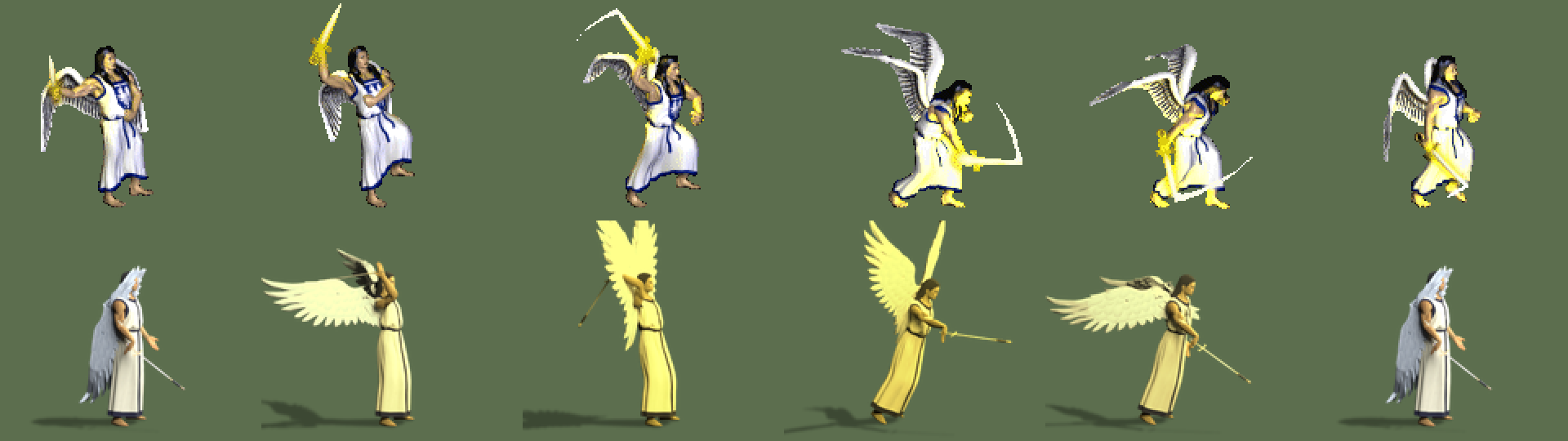 Original (top) and new draft (bottom), front attack, 1× game sprites