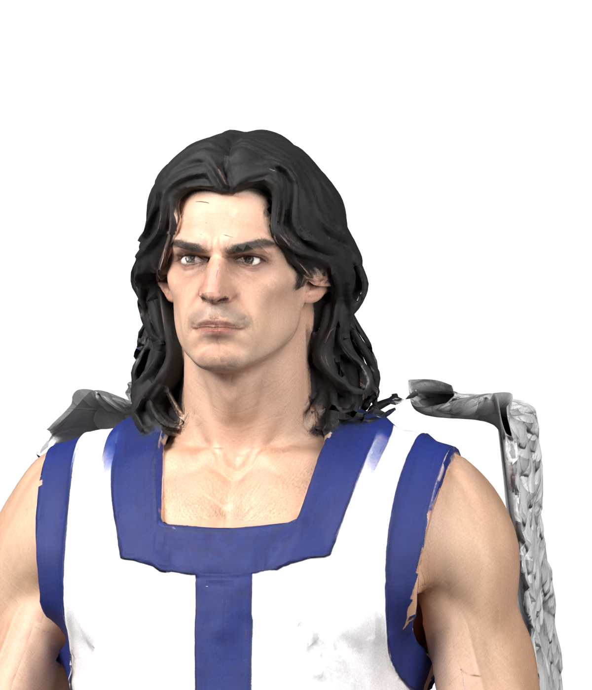 Angel neck after the motion-transfer correction, an actual high-resolution Blender still. Not concept art; not installed.