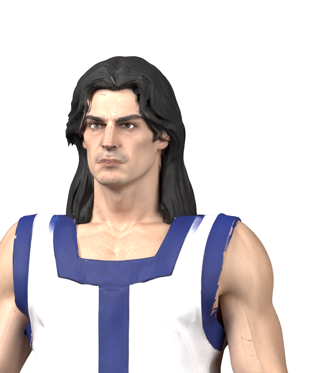 Revised shoulder, collar, and hair ends. Actual high-resolution Blender still; hair joins and texture borders remain unfinished. Not installed.
