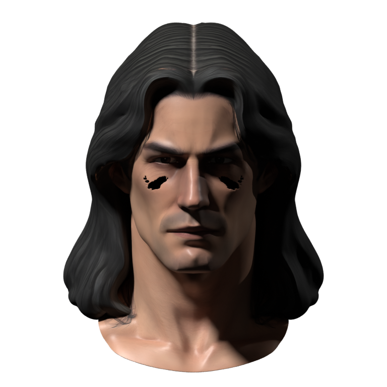 Rejected Angel head, actual Blender render. The black cheek regions are geometric tunnels; this model was not installed.