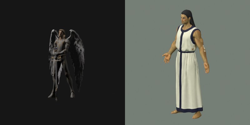 Left: the old draft, static render. Right: the new Angel body, Blender still, wings not attached