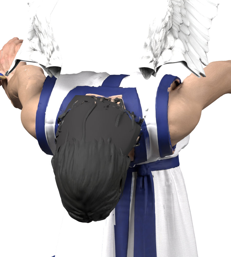 Rejected nape backing: a smooth lid becomes visible when the head bends. Actual Blender still; not installed.