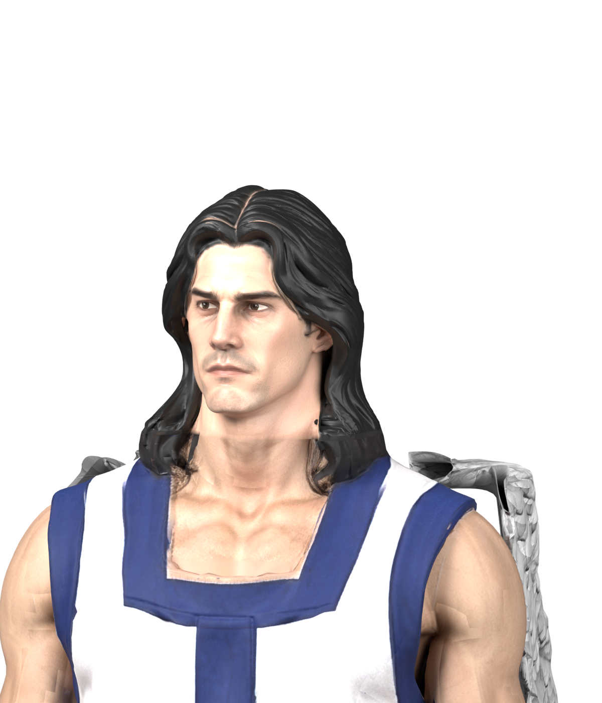 Rejected separate-head fit with a visible neck transition. Actual Blender still; not installed