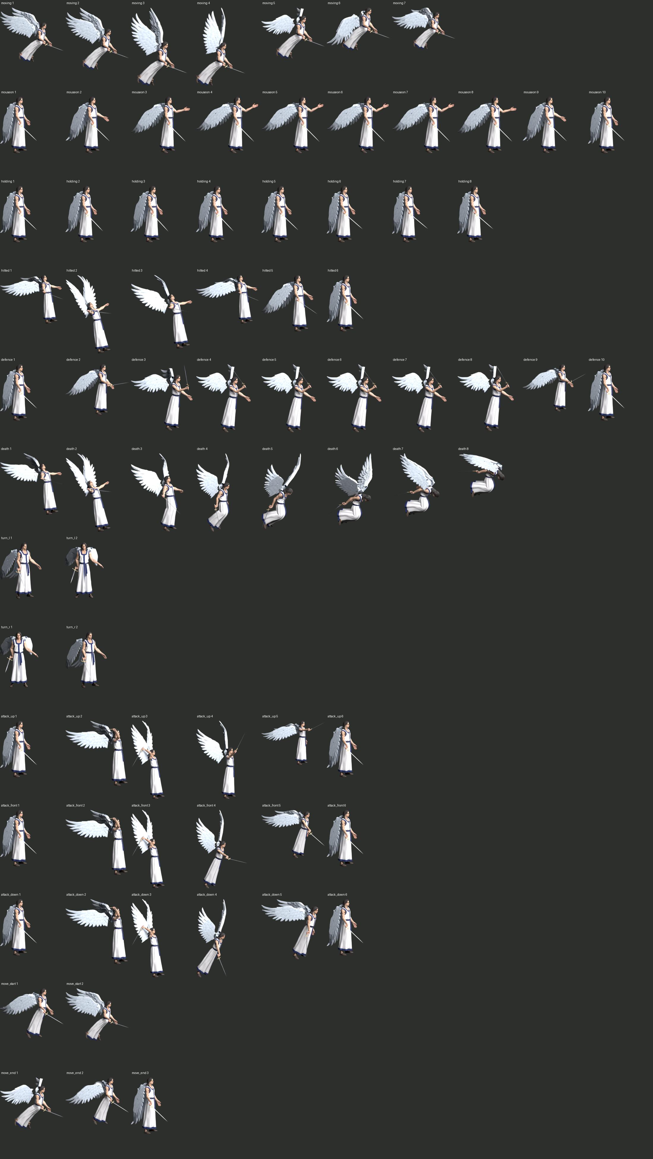 Final Angel Blender review sheet: 13 independent groups, 76 frames. Three shooting groups reuse the corresponding melee actions, giving 94 packaged frames