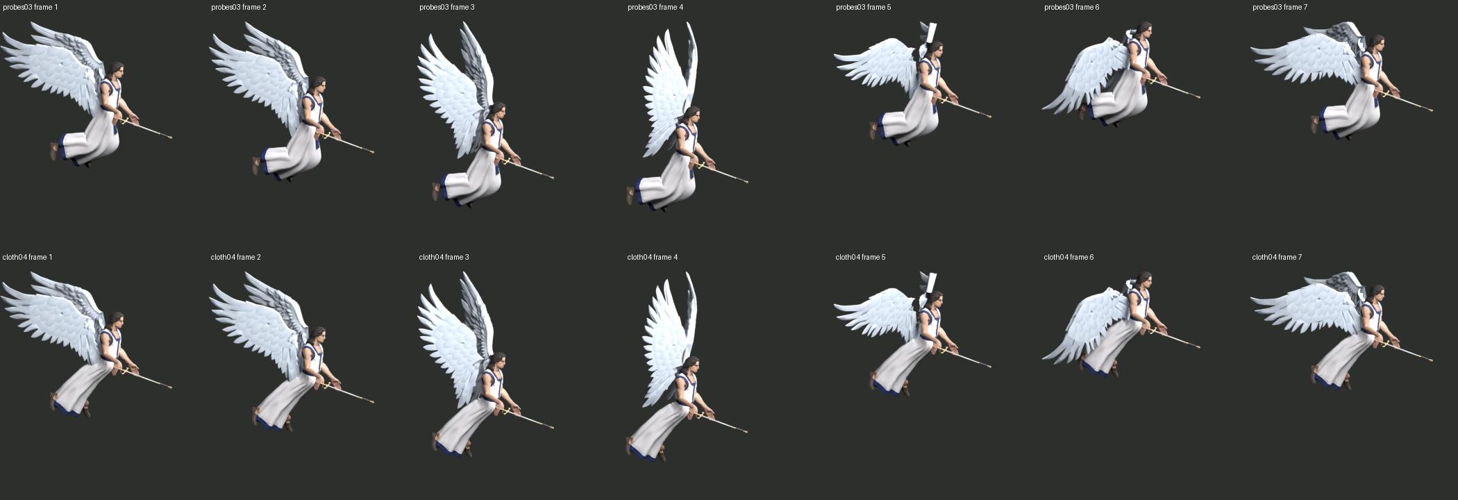 Angel flight robe before and after repair: automatic leg weights above, shared three-part robe controls below, rendered in Blender