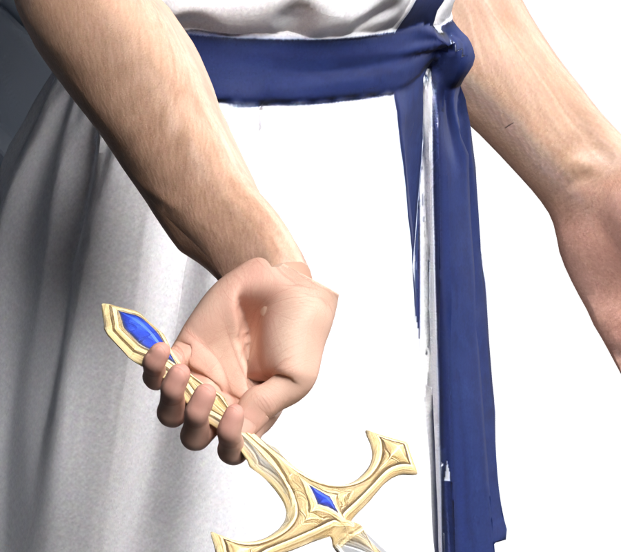 Static Blender close-up of the Angel sword grip and wrist transition; this remains an action-adaptation candidate