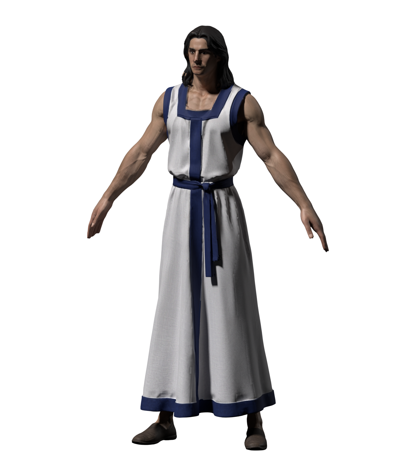Actual high-resolution Blender still of the revised Angel body, with long hair, a long robe and blue edging
