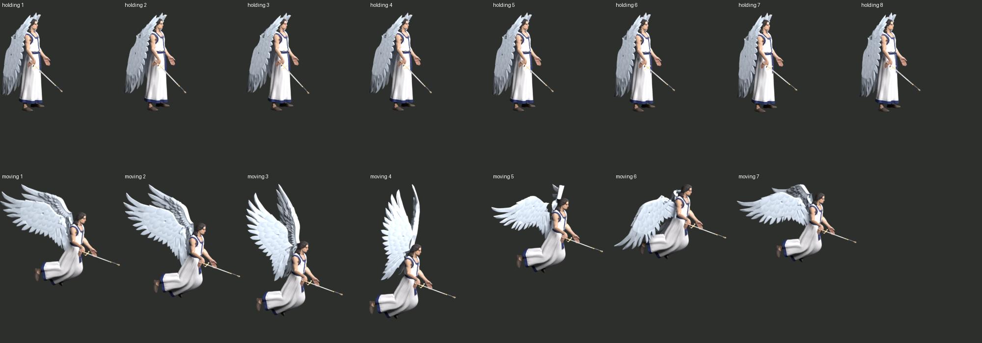 The Angel’s first 15 Blender motion probes. Flight robe deformation, sword grip and wing intersections remain unresolved; this sheet records the failed transfer