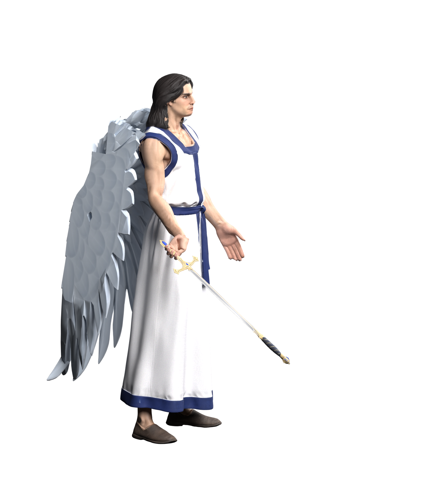 The high-resolution assembly render exposed the extra handle-like geometry at the sword tip; this rejected version is retained as a failure record