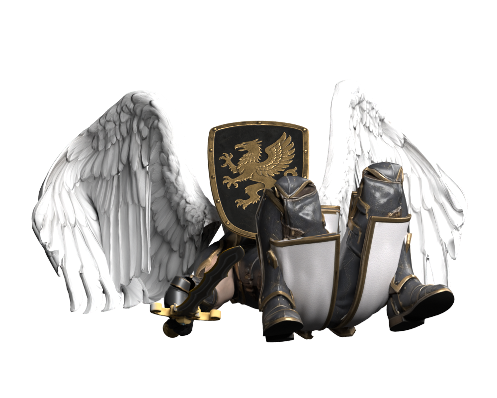 Archangel final-pose draft with folded legs and downward feather tips; a high-resolution Blender still, not installed