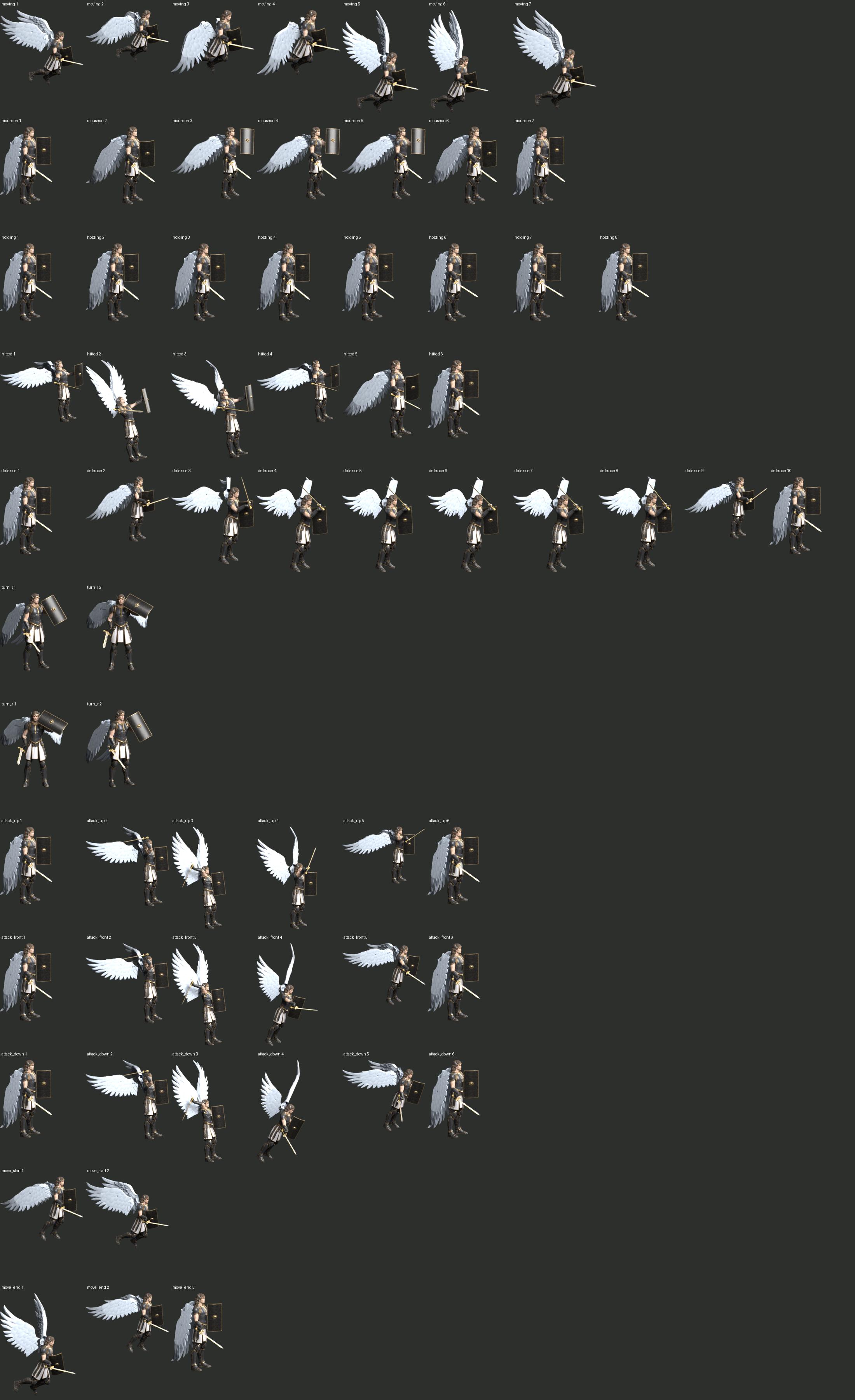 Blender review of 65 non-death poses, still carrying the rejected shield; neither final assets nor a battle capture
