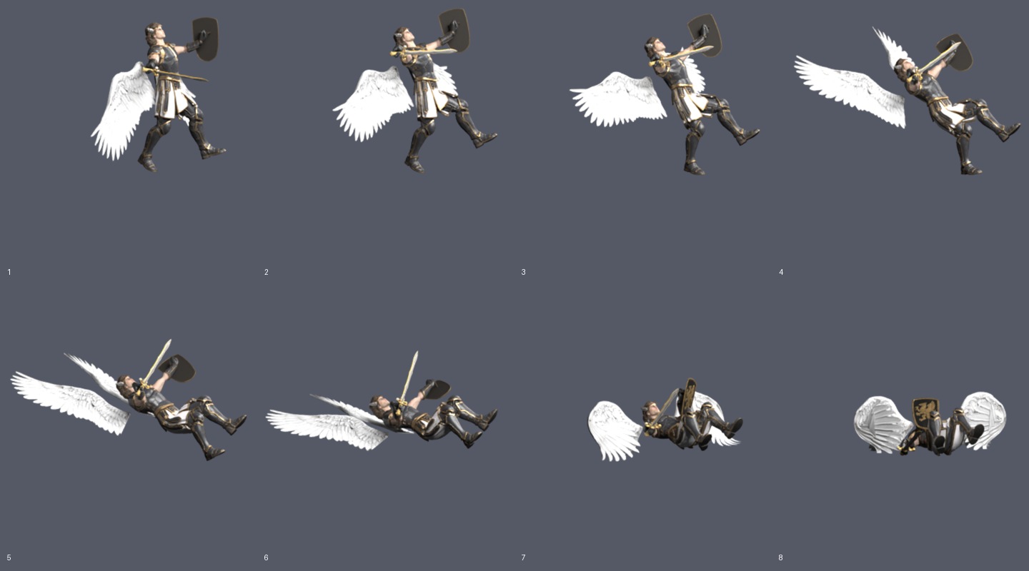 Installed 0.27.19 Archangel collapse frames, rendered in Blender. The opening has changed, while the final fold remains wide; animation fidelity is not complete