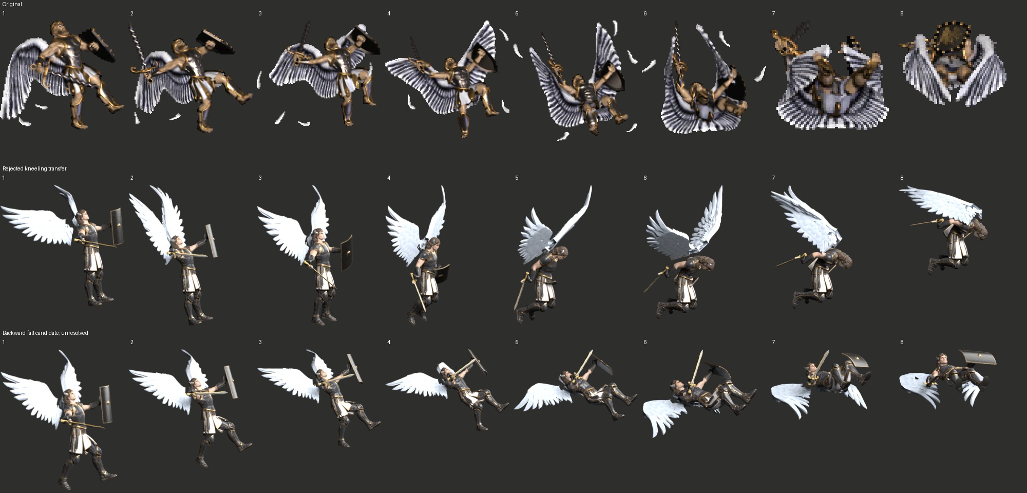 Original and two rejected collapse drafts; new images are Blender renders, with final wing folding still incomplete