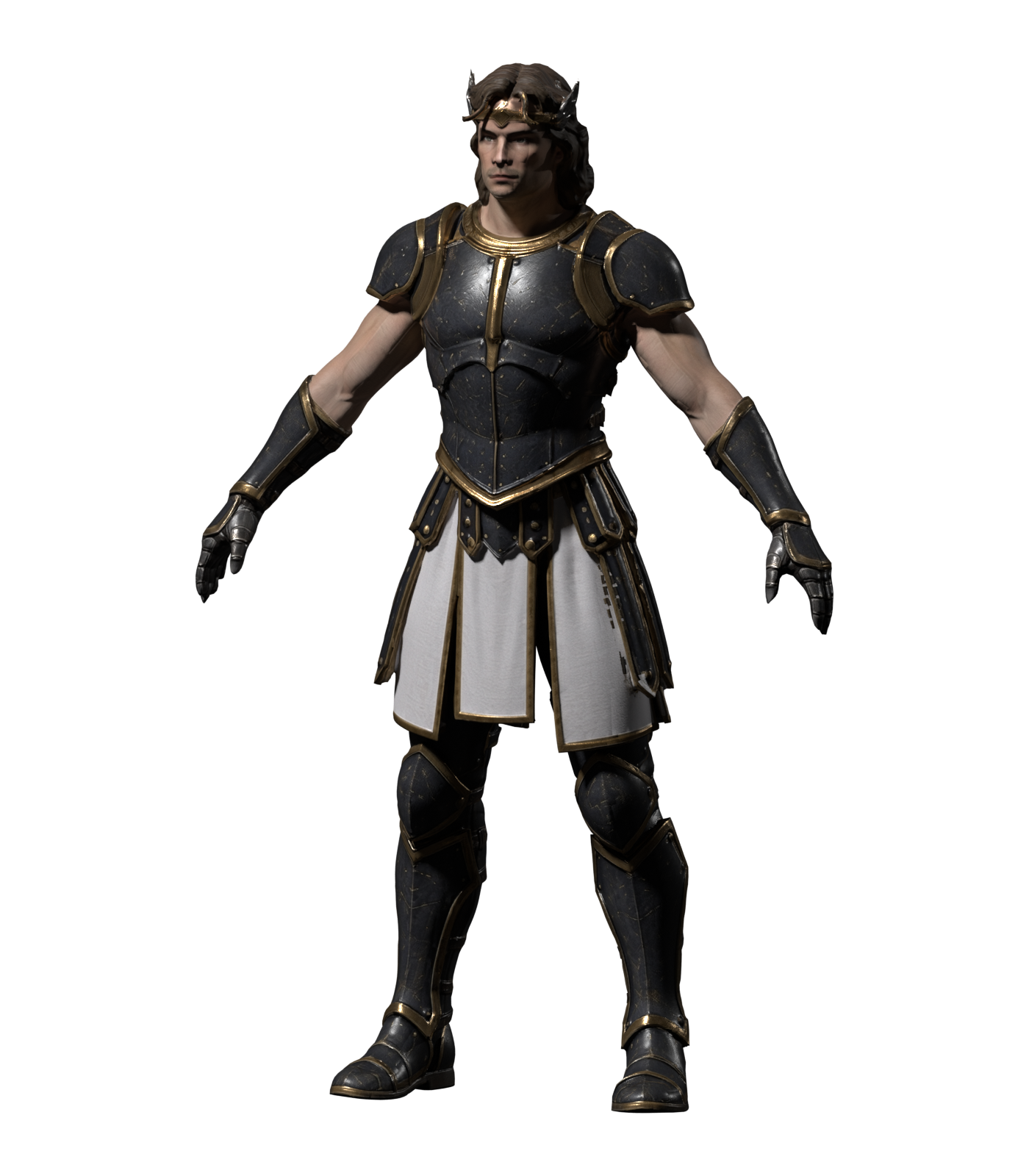 Actual high-resolution Blender still of the revised Archangel body, with dark steel, gold borders and white skirt panels