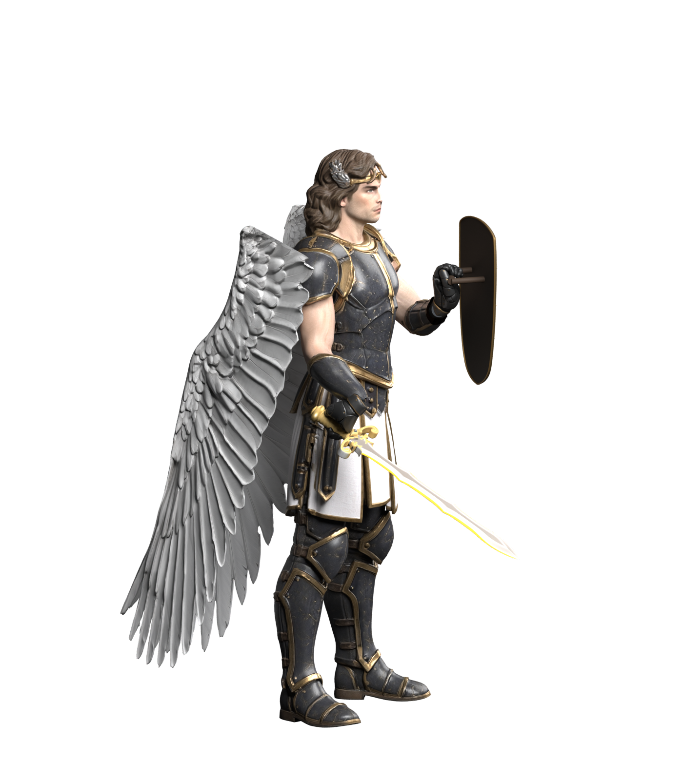 1400 × 1600 Blender still with the replacement wings. The thinner feathers, wing roots and folded silhouette remain an unapproved draft; not installed
