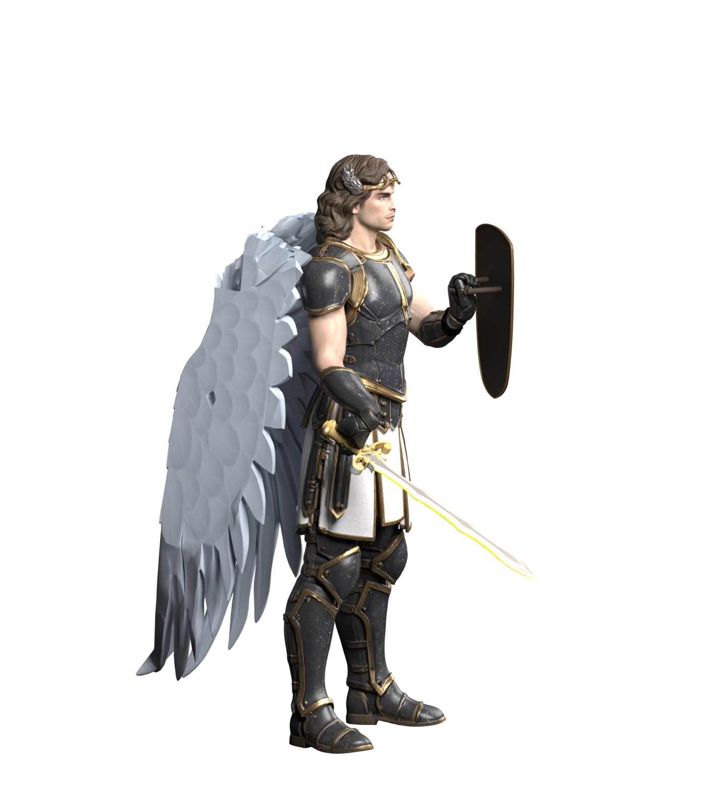 1400 × 1600 Blender assembly still from the shield revision, retaining the old wings, showing the shield back in idle; not installed