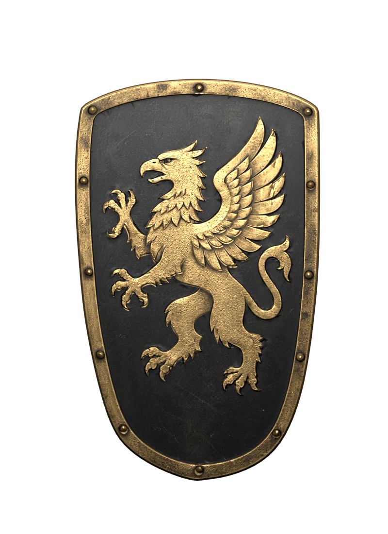 High-resolution Blender still of the shield front, retaining Meshy’s gold griffin
