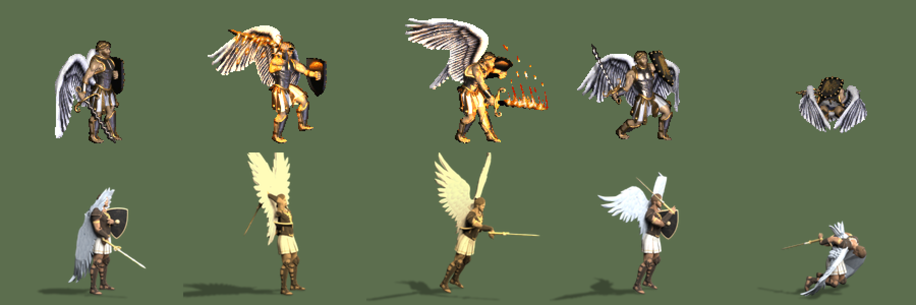Original (top) and new draft (bottom): idle, two attack frames, defence, death