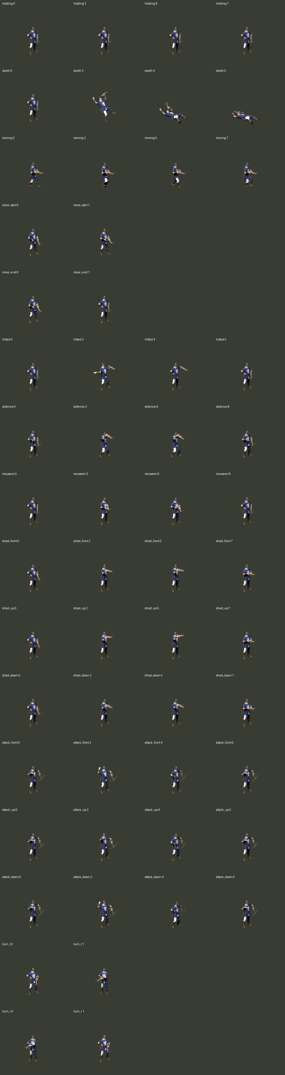 All 16 Archer actions in 0.27.15, rendered through the game camera in Blender, including waist equipment and repaired crossbow recovery