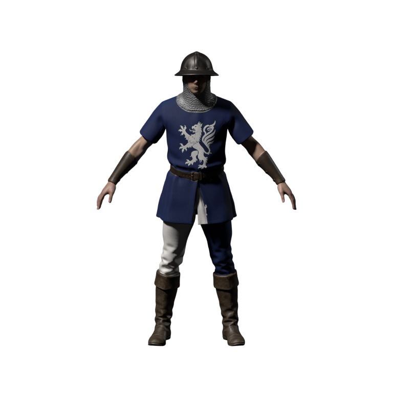 Static Blender render of the actual Meshy Archer model, retaining the blue chest and asymmetric hose
