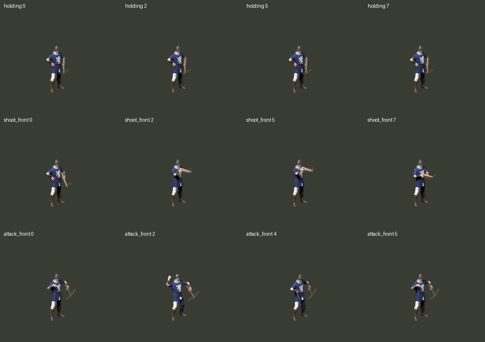 Three Archer motion probes rendered through the game camera in Blender; these are not battle captures