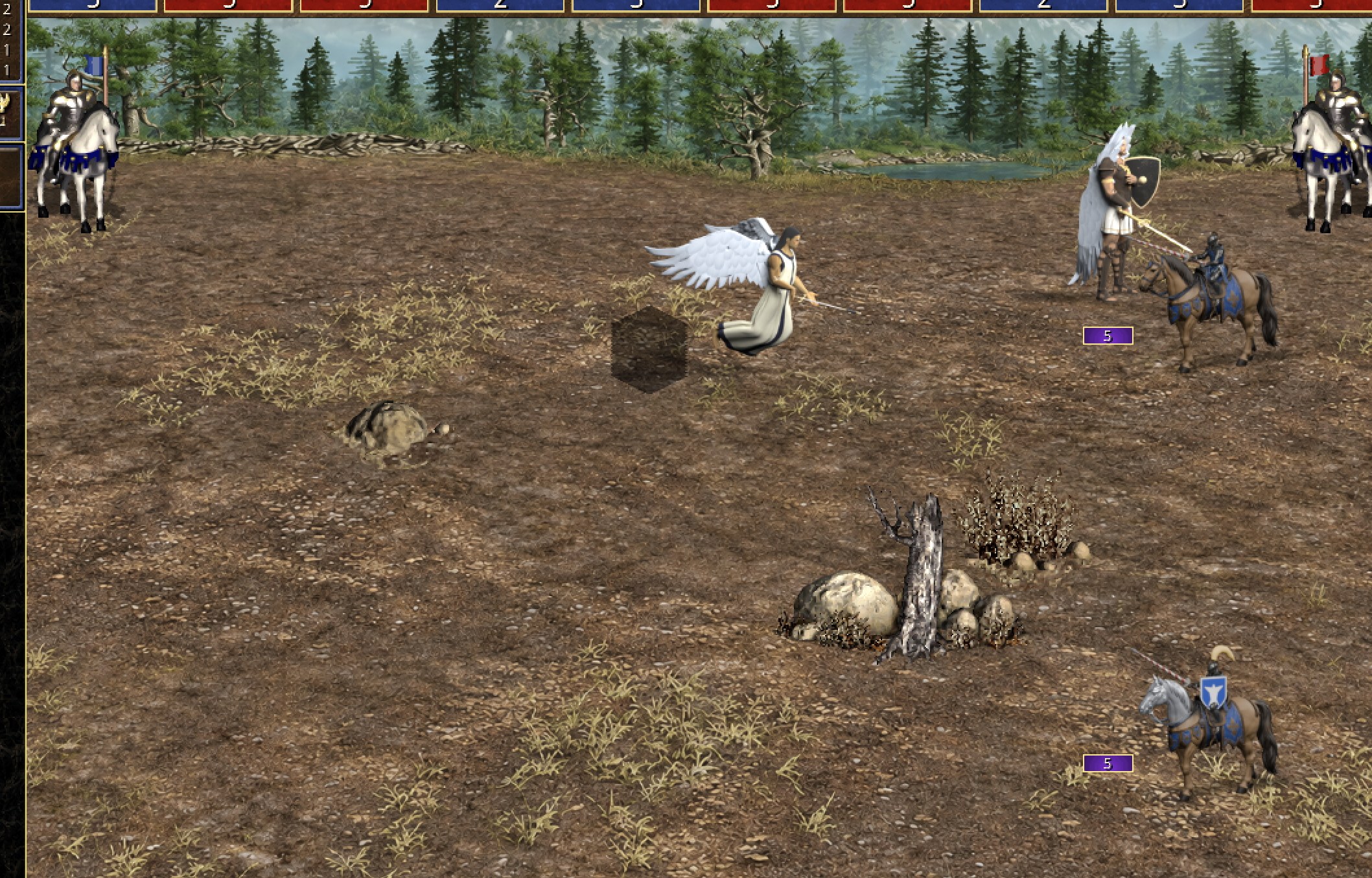 In battle: the Angel flying, the Archangel standing with its shield, the Cavalier and Champion on the right