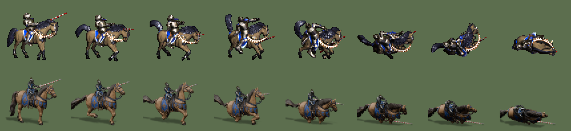Original (top) and new draft (bottom), eight death frames, both from the 1× game sprites at 2×