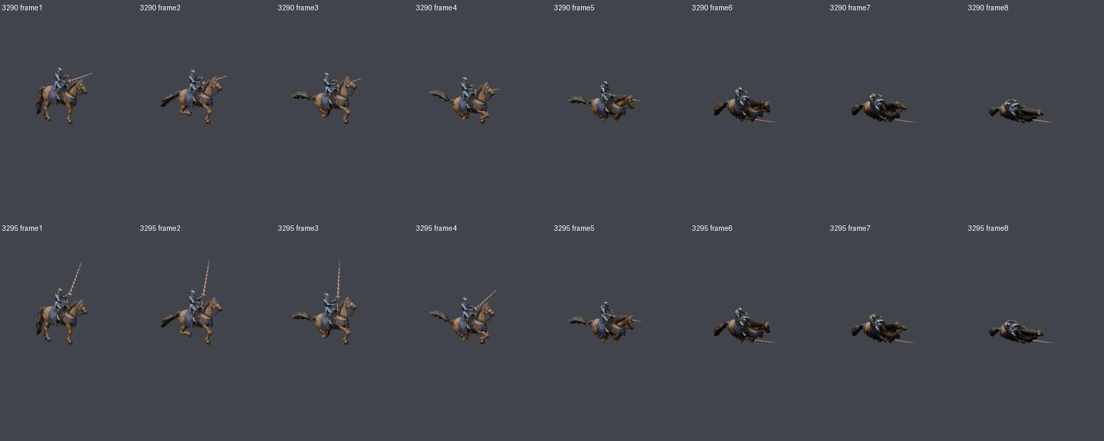 Top: the death-transition trial; bottom: the revision beginning with an upright lance. Both rows are Blender frames