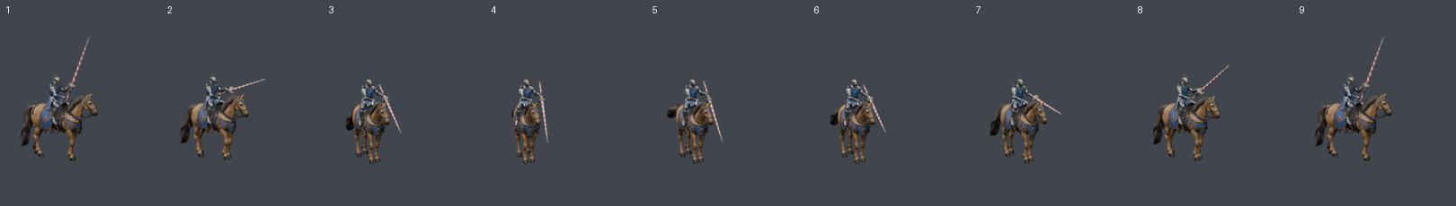 Nine Blender-rendered frames using the fixed game-export camera; not concept art