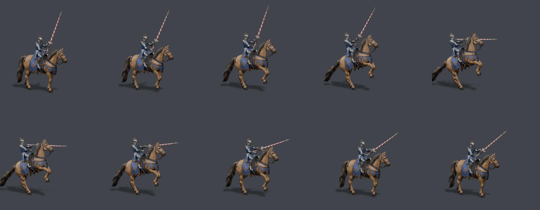 Ten Cavalier front-attack frames and matching shadows installed in 0.27.30, rendered in Blender at game resolution