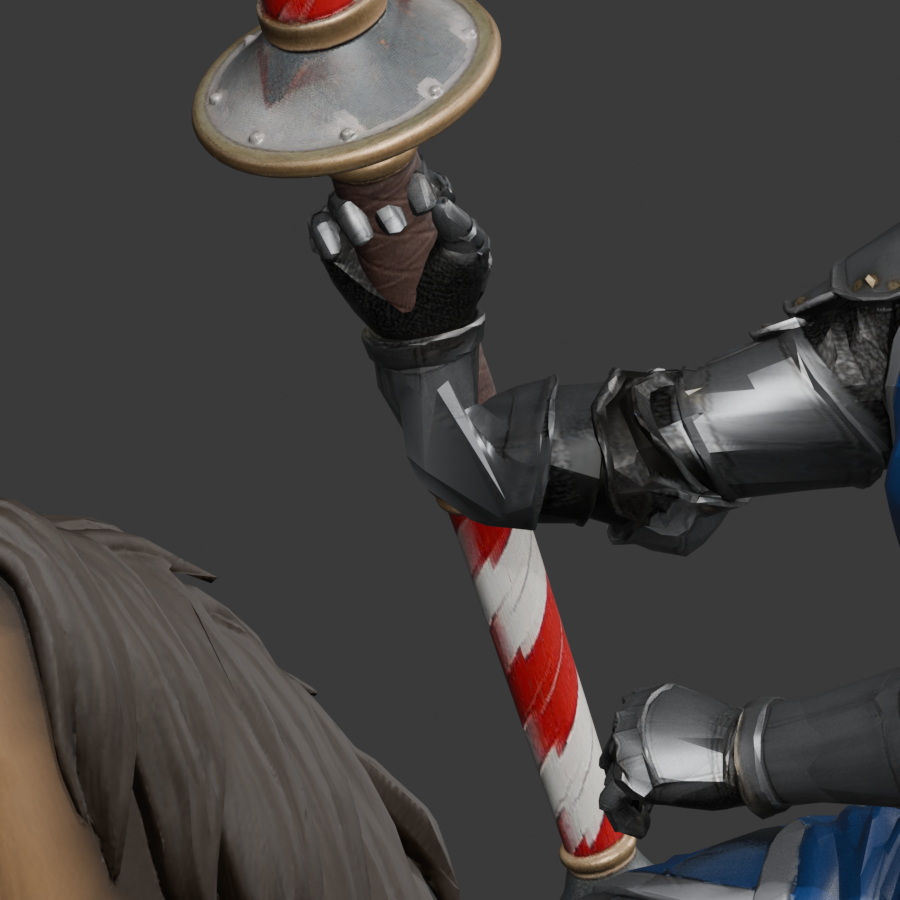 Rejected wrist-only trial, with the rear shaft passing through the gauntlet; a high-resolution Blender close-up