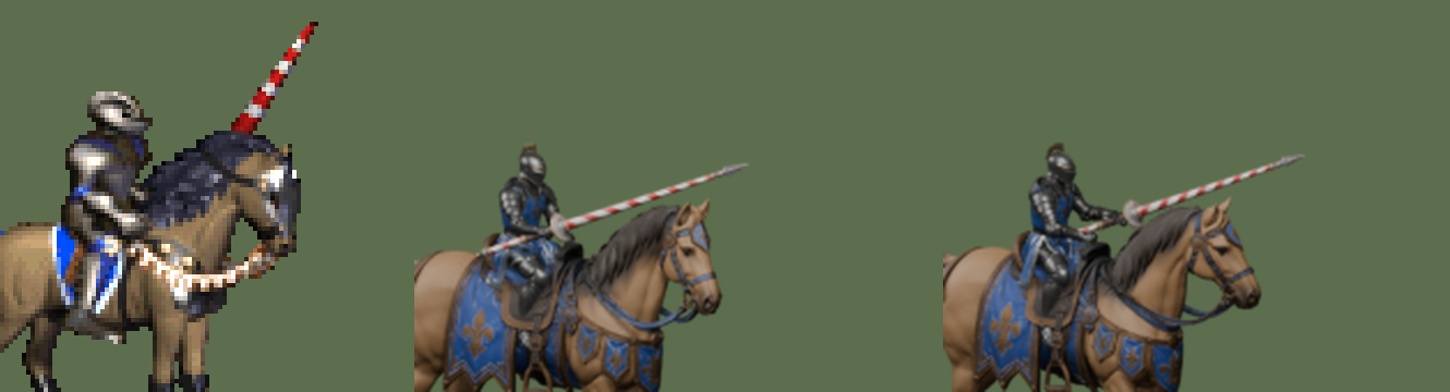 Left: original idle at 4×. Middle: 0.17.0, camera on the right. Right: 0.17.1, the near arm crosses in front of the lance